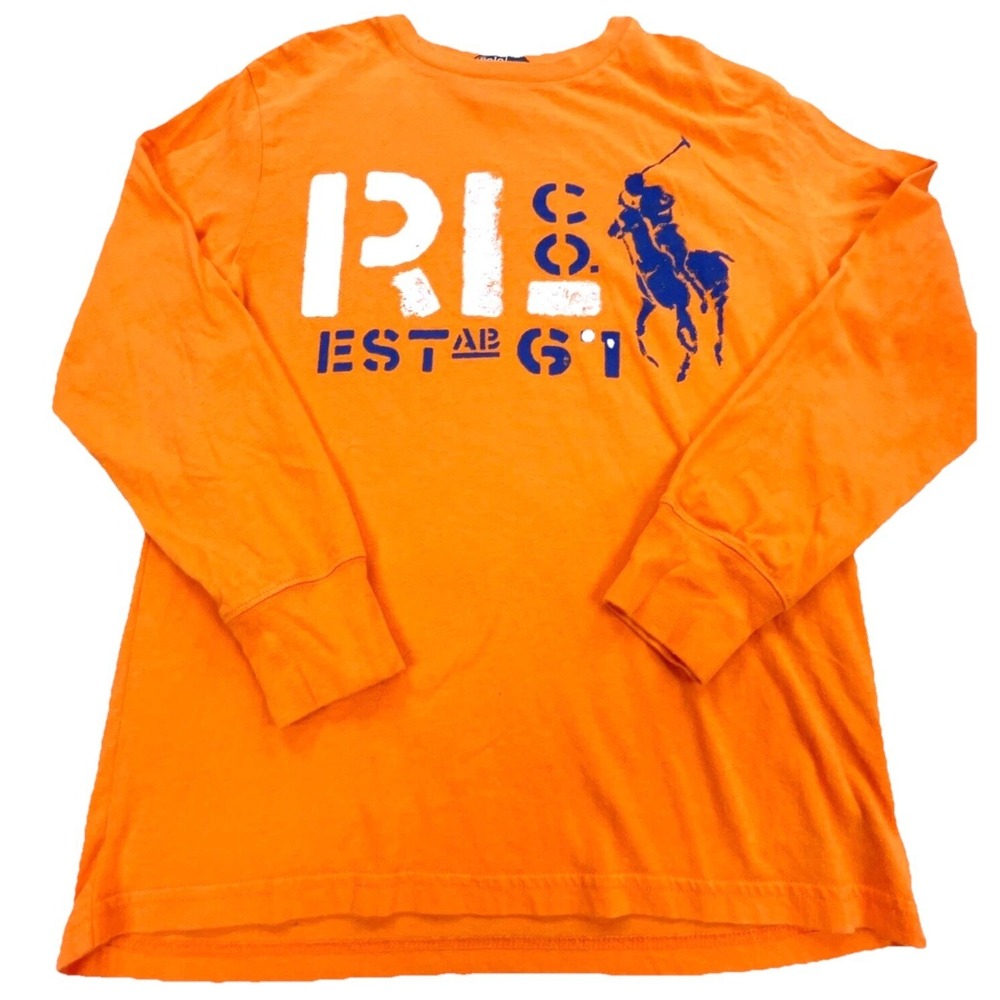 Vintage‎ Polo Ralph Lauren Shirt Boys Medium Orange Blue Tee Big Pony Preppy Y2K